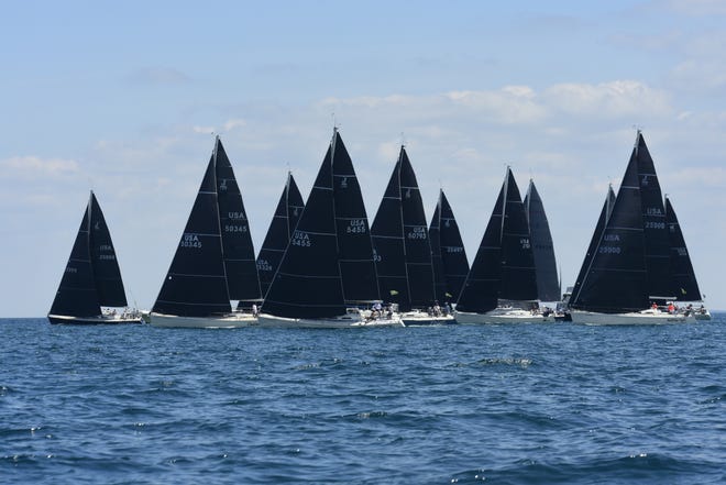 Sailboats line up at the starting line during the start of the Bayview Mackinac Race on Lake Huron in Port Huron on Saturday, July 16, 2022.