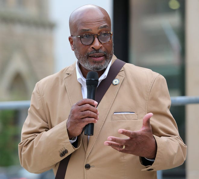 Hector McDaniel, president of the Stark County NAACP, speaks while remembering the life of James R. Williams in Canton on Saturday, July 16, 2022. Williams was shot and killed by Canton Police on New Year's Eve.