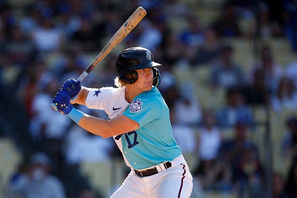 Brewers' outfield prospect Joey Wiemer bats during the All-Star Futures Game at Dodger Stadium.