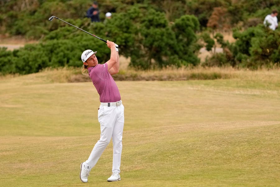 Cameron Smith takes a shot on the 13th fairway during the final round of the 150th Open Championship at St. Andrews Old Course.