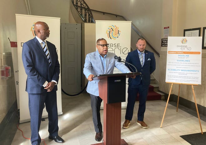 Pictured, from left, are Diverse Erie Board Chairman Gerald Blanks, Diverse Erie Chief Administrative Officer Gary Lee, and Erie County Executive Brenton Davis, seen here on July 18, 2022.