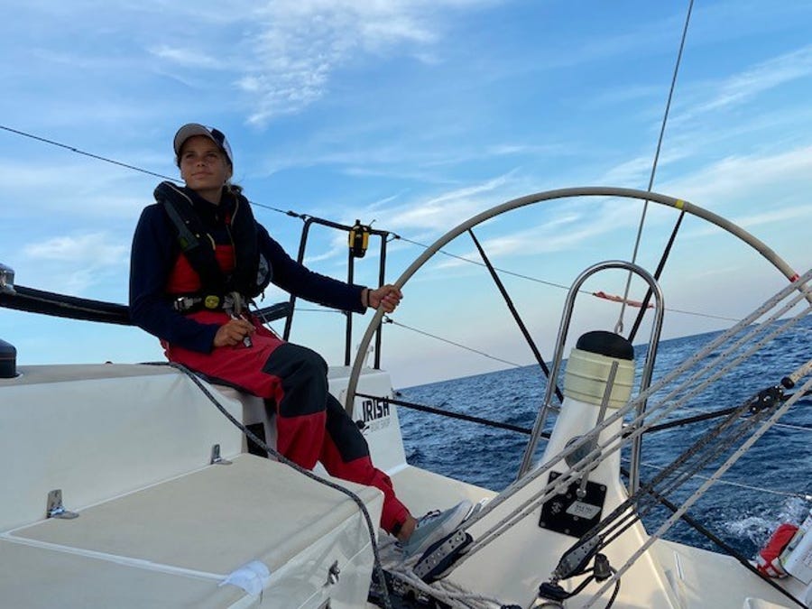 Merritt Sellers, 14, racing the J/111 sailboat "nosurprise" in the Bayview Mackinac Race. She and her father, Scott Sellers, finished first in class  on Sunday, July 17, 2022.