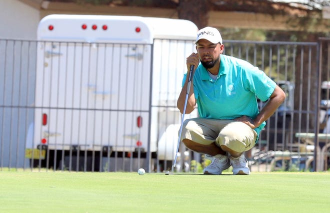 Jon Juarez lines up his putt on No. 9 during Sunday's championship round of the 68th annual Rio Mimbres Invitational Golf Tournament in Deming, NM.