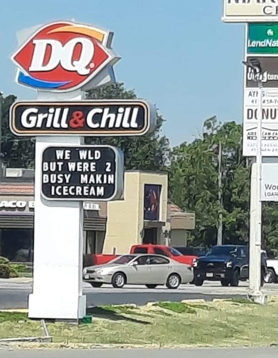 The Marshfield Dairy Queen outdoor sign reads, "WE WLD BUT WERE 2 BUSY MAKIN ICECREAM." The employees of the Dairy Queen, located at 1324 Spur Drive, made the response to the McDonald's "sign war" challenge across the street last week. Since, several other local businesses have participated. The local "sign war" is gaining traction on social media.