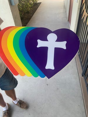 A sign welcoming the LGBTQ community to the Holy Trinity Lutheran Church in Thousand Oaks was vandalized Sunday night, police say.