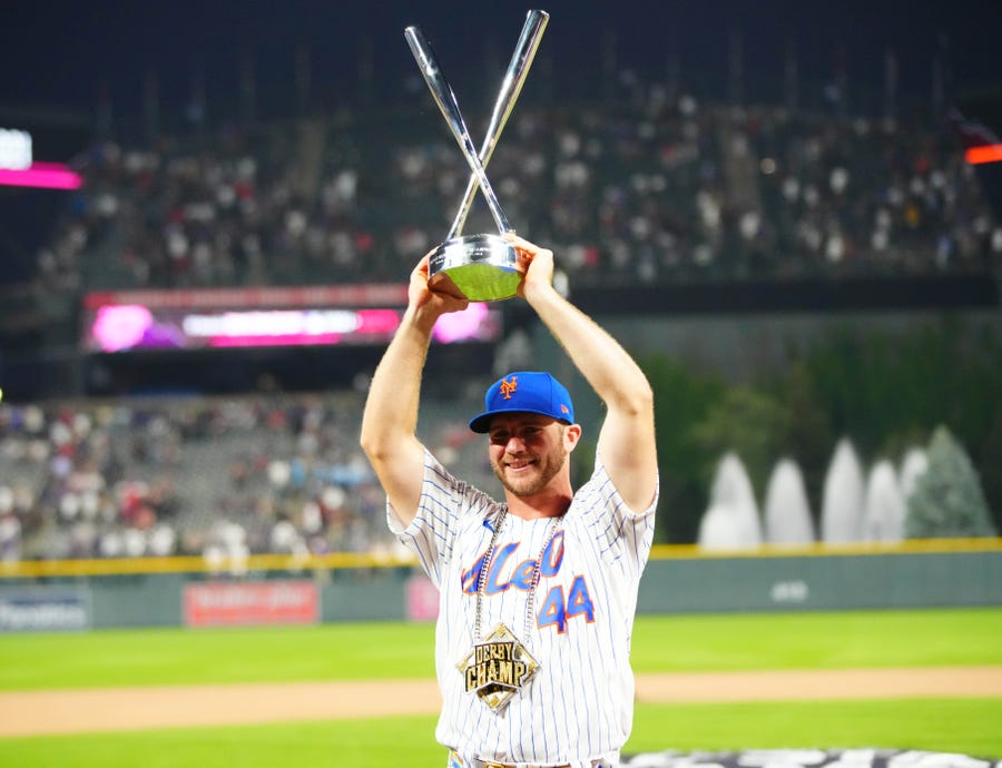 Pete Alonso celebrates after winning the 2021 Home Run Derby at Coors Field.