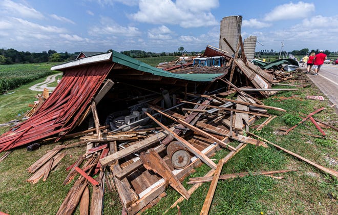 Extensive damage is visible at the Zastrow family farm in the town of Concord on July 29, 2021. The National Weather Service confirmed a EF1 tornado touched down near the area.