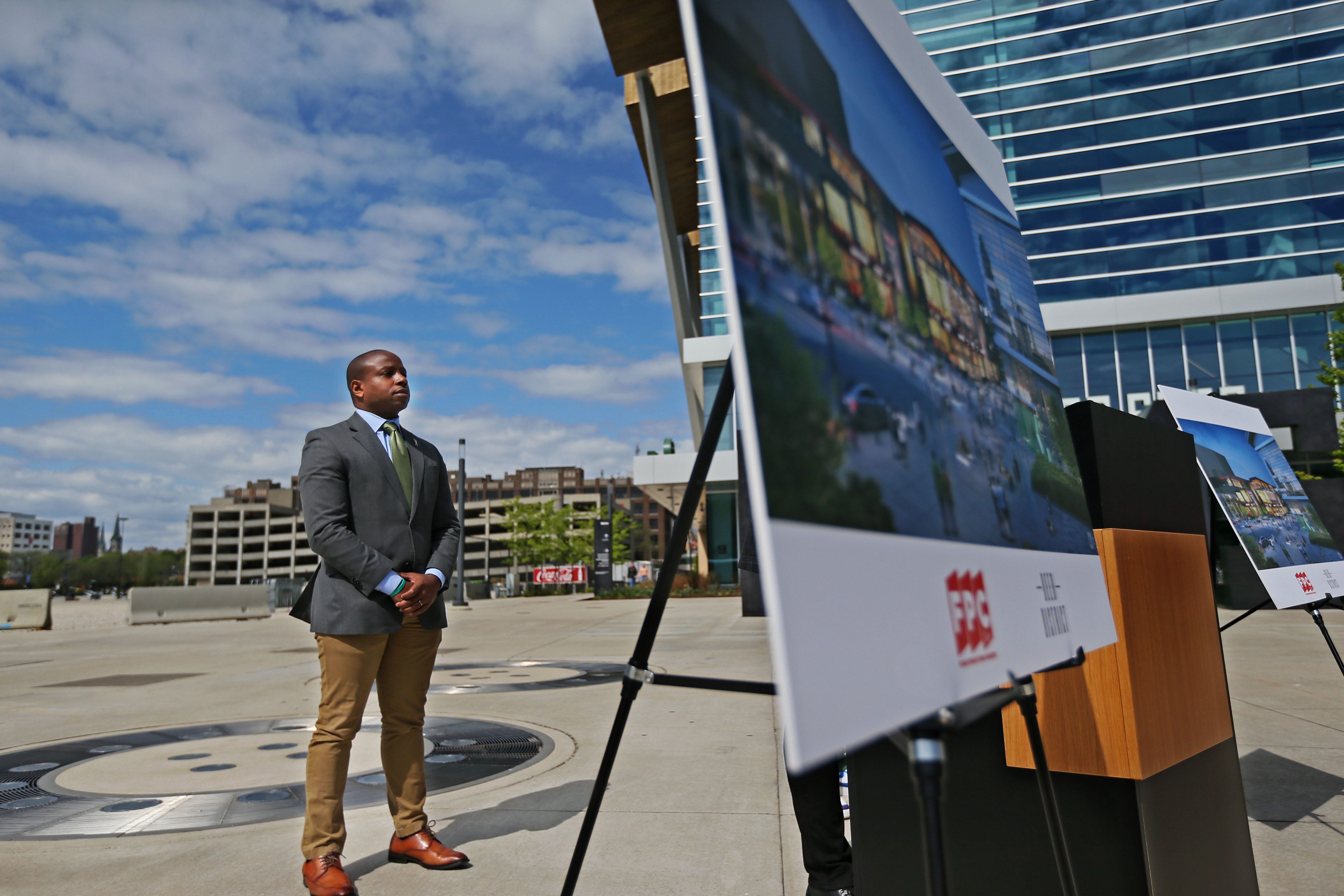 Milwaukee Mayor Cavalier Johnson waits to speak at press conference May 23, at Fiserv Forum where FPC Live announced a proposed plan to develop a new concert venue at the vacant lot where the Bradley Center was demolished in 2019.