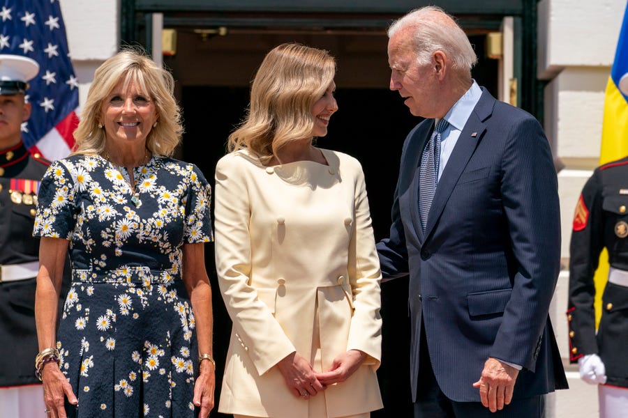 President Joe Biden and first lady Jill Biden greet Olena Zelenska, spouse of Ukrainian's President Volodymyr Zelenskyy at the White House in Washington, Tuesday, July 19, 2022.