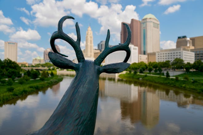 "Scioto Lounge on the Bridge" is a deer sculpture by artist Terry Allen that is part of the Scioto riverfront art walk Downtown.