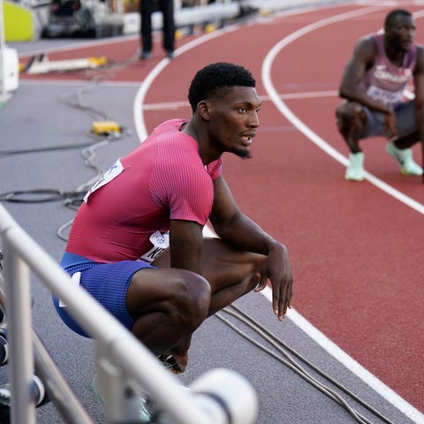 Fred Kerley, of the United States, sits on the tra