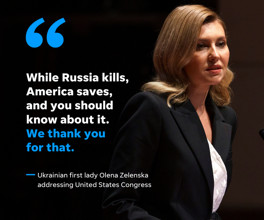 Ukrainian first lady Olena Zelenska addressed Congress on Wednesday, thanking the United States for the billions of dollars committed since Russian troops invaded Ukraine on Feb. 24 and calling for more weapons for her country's fight.