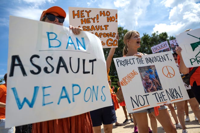 Gun control activists rally near the U.S. Capitol calling for a federal ban on assault weapons on July 13, 2022 in Washington, DC.