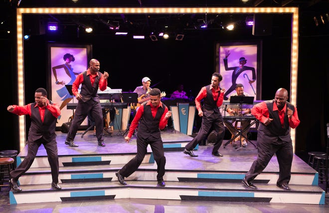 From left, Nate Jacobs, Sheldon Rhoden, Christopher Eisenberg, Michael Mendez and Leon S. Pitts II are part of the company from the Westcoast Black Theatre Troupe’s “The Soul Crooners featuring Sistas in the Name of Soul,” which will be presented at the National Black Theatre Festival in Winston-Salem, N.C.