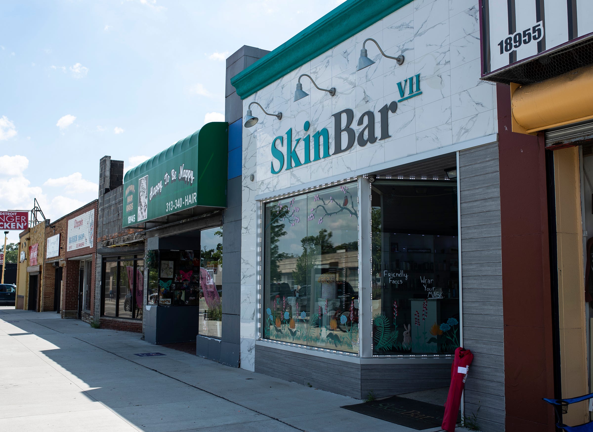 Skin Bar VII is one of many businesses that have opened up on the Livernois Avenue of Fashion in Detroit, on Tues., July 19, 2022. Owner Sevyn Jones hosted the block club meeting.