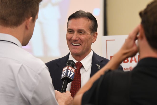 Michigan's Republican candidate for governor Ralph Rebandt talking to media after the seventh debate at Oakland University in Rochester, Michigan on July 20, 2022.