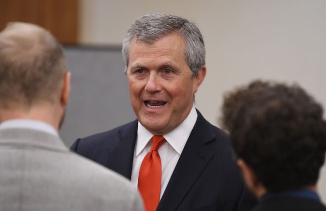 Michigan's Republican candidate for governor Kevin Rinke talks to the media after the seventh debate at Oakland University in Rochester, Michigan on July 20, 2022.