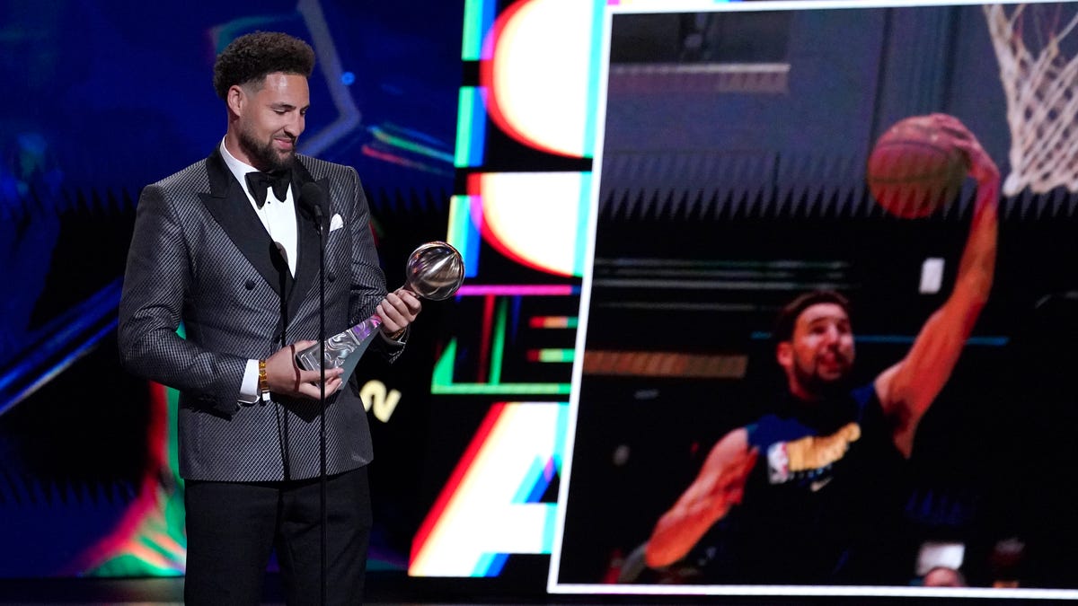 NBA player Klay Thompson, of the Golden State Warriors, accepts the award for best comeback athlete at the ESPY Awards on Wednesday, July 20, 2022, at the Dolby Theatre in Los Angeles.