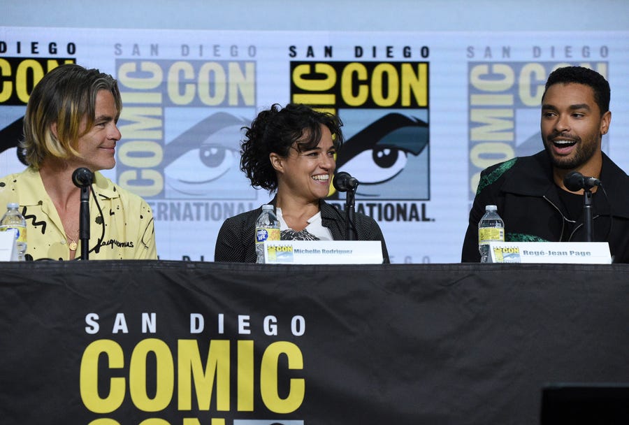 Chris Pine, from left, Michelle Rodriguez and Rege-Jean Page participate a panel for "Dungeons and Dragons: Honor Among Thieves" on day one of Comic-Con International on Thursday, July 21, 2022, in San Diego. (Richard Shotwell/Invision/AP) ORG XMIT: CAPM435
