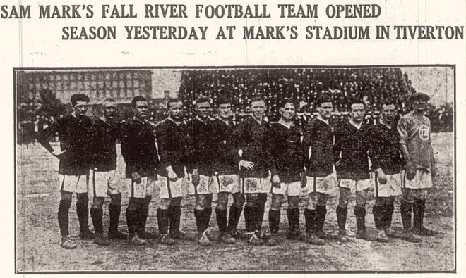 The Fall River Football Club, later known as the Marksmen, pose for a group photo at Mark's Stadium in Tiverton in 1922.