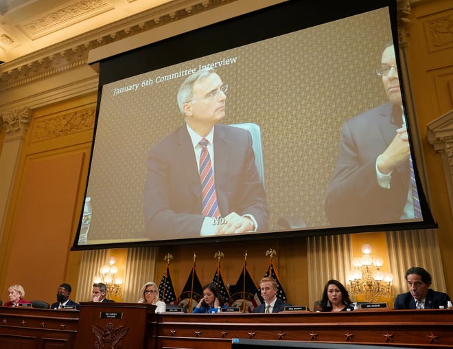 A video clip of former White House counsel Pat Cipollone is played during a public hearing before the House select committee to investigate the January 6 attack on the United States Capitol held on July 21, 2022.