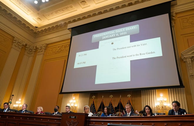 A graphic of an entry in the Presidential Diary is shown during a public hearing before the House select committee to investigate the January 6 attack on the United States Capitol held on July 21, 2022.