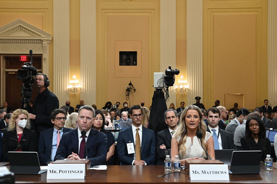 Former National Security Council member Matthew Pottinger and former Deputy White House Press Secretary Sarah Matthews testifies on July 21, 2022.
