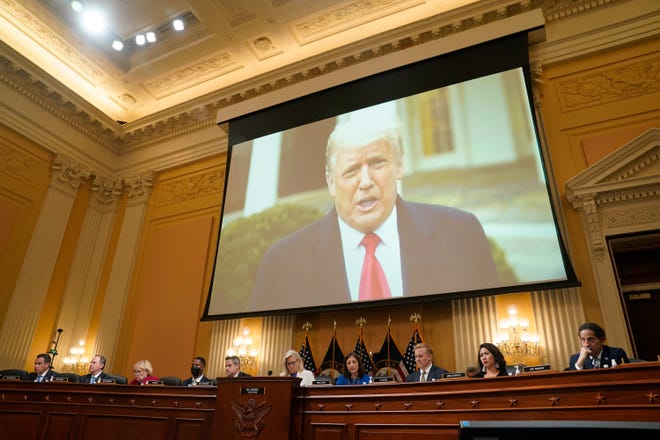 A video clip of former President Donald Trump is played during a public hearing before the House select committee to investigate the January 6 attack on the United States Capitol held on July 21, 2022.