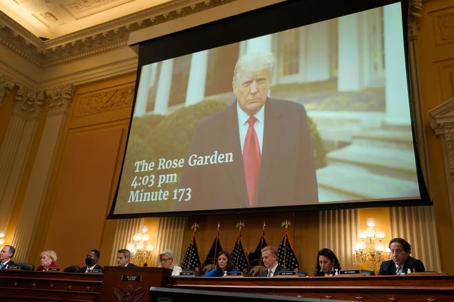The video of former President Donald Trump asking rioters to leave the capitol is played during a public hearing before the House select committee to investigate the January 6 attack on the United States Capitol held on July 21, 2022.