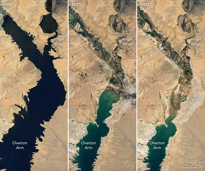 NASA's satellite images show water levels in Lake Mead plummeting over the last 22 years.