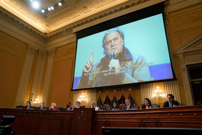 An new audio clip of Steve Bannon, former White House Chief Strategist, is played during a public hearing before the House select committee to investigate the January 6 attack on the United States Capitol held on July 21, 2022.