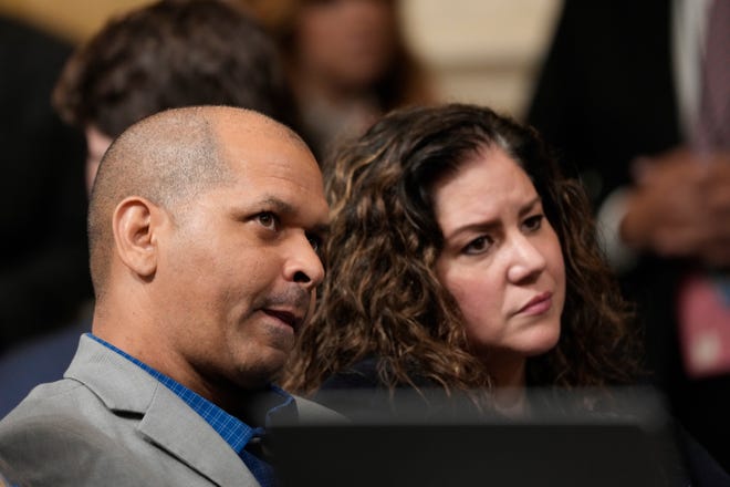 Capitol Police officer Aquilino Gonell listens to testimony during a public hearing o during a public hearing before the House select committee to investigate the January 6 attack on the United States Capitol held on July 21, 2022.