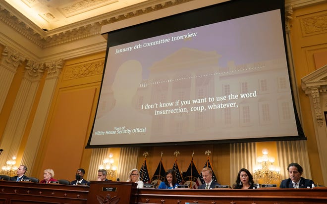 A video clip of a witness testifying about the dangerous situation is played during a public hearing before the House select committee to investigate the January 6 attack on the United States Capitol held on July 21, 2022.