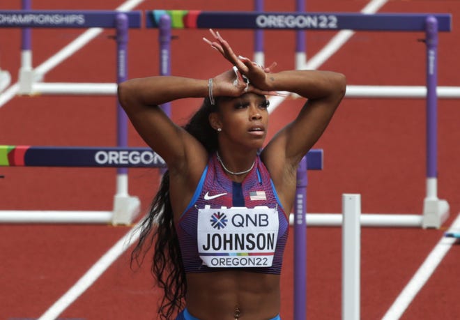 USA's Alaysha Johnson failed to advance in the women's 100 meter hurdle heats after falling on the first hurdle during day nine of the World Athletics Championships at Hayward Field in Eugene, Oregon Friday July 22, 2022.