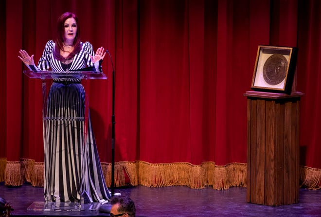Priscilla Presley speaks during the Honoring Priscilla Presley: The Artist, The Woman event Friday, July 22, 2022, at Theatre Memphis. The event featured speakers and music performances.