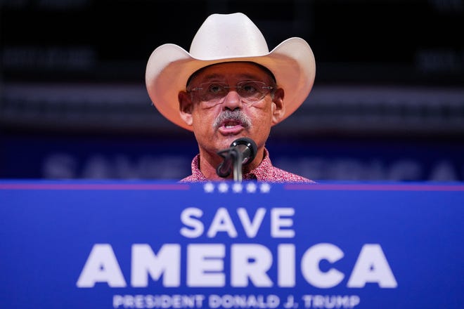 Mark Finchem, candidate for secretary of state, speaks during a Save America rally at the Findlay Toyota Center on Friday, July 22, 2022, in Prescott Valley.