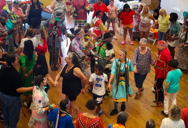 Spectators are invited to join in during a dance as part of the Powwow of Arts and Culture at the Delaware Art Museum, Saturday, July 23, 2022.