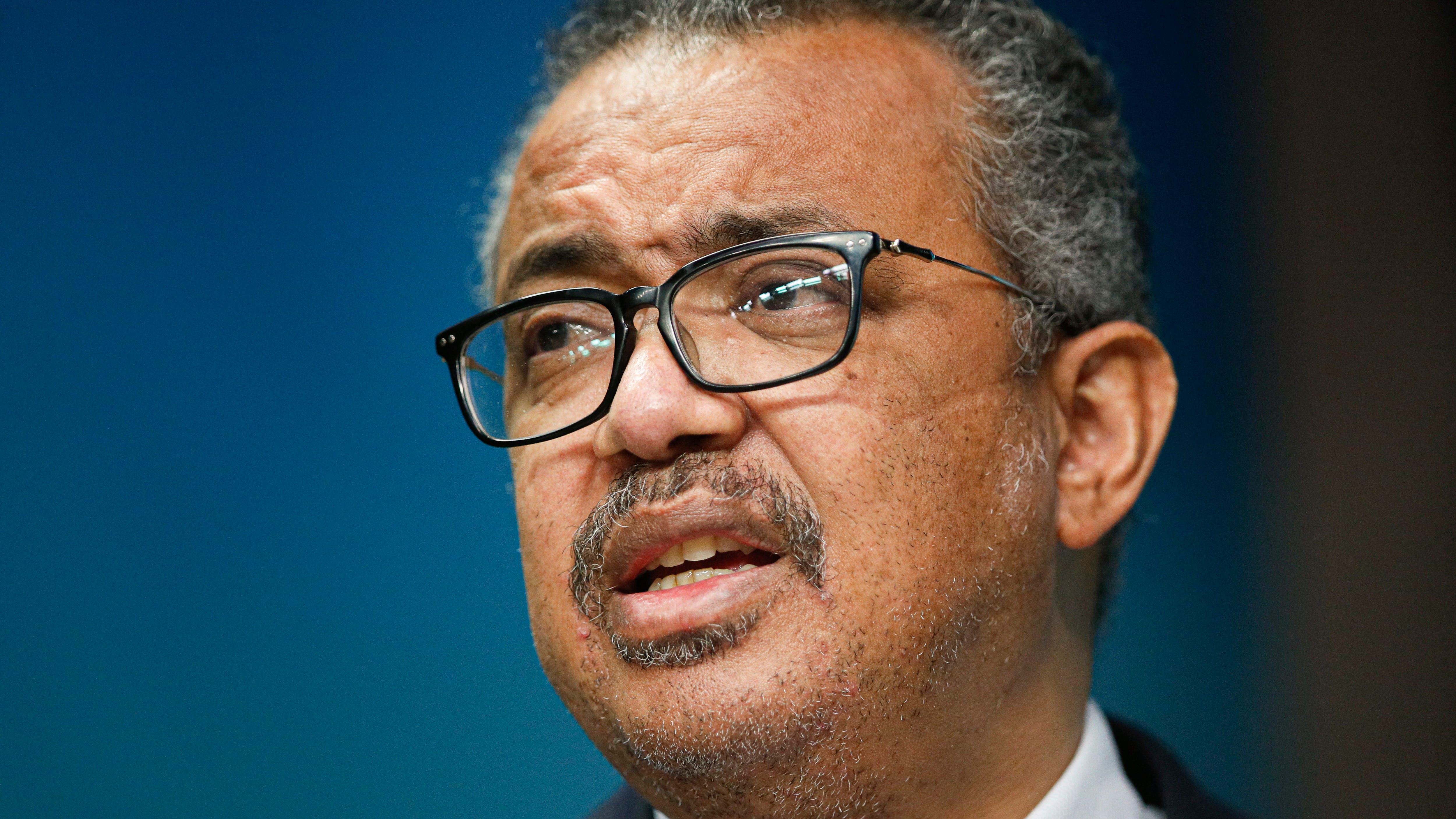 The head of the World Health Organization, Tedros Adhanom Ghebreyesus speaks during a media conference at an EU Africa summit in Brussels on Feb. 18, 2022.