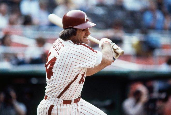 Pete Rose, seen here batting during a 1980 game, will make an appearance on the field in Philadelphia next month as part of Phillies alumni weekend.