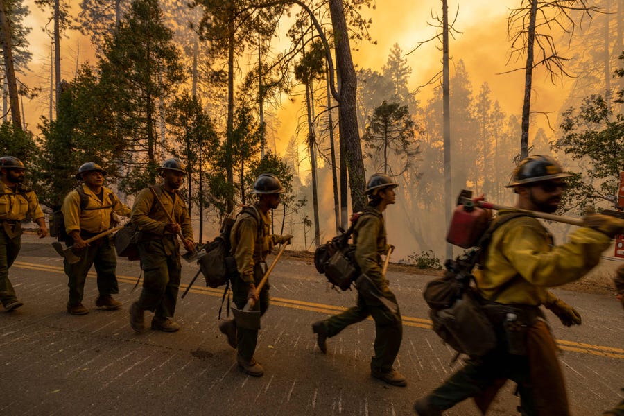 A hotshot crew marches along a burning forest at the Oak Fire near Midpines, northeast of Mariposa, California, on July 23, 2022.