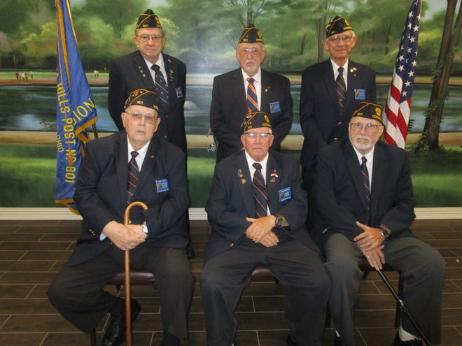 Pictured from left are: Front Row -  Bob Zarle, Executive at Large; Jim Krasnicki, Commander; and Dave Schmid, Finance Officer; and Back Row - Tom O’Brien, Chaplain; Rick Devine, Adjutant; and Frank Posar, 2nd Vice Commander.