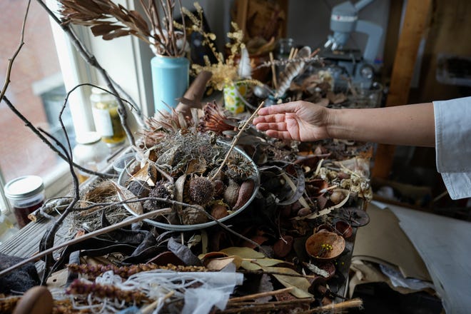 As part of her effort for sustainability, Celeste Malvar-Stewart uses natural items to create color dyes for her designs. Adam Cairns-The Columbus Dispatch