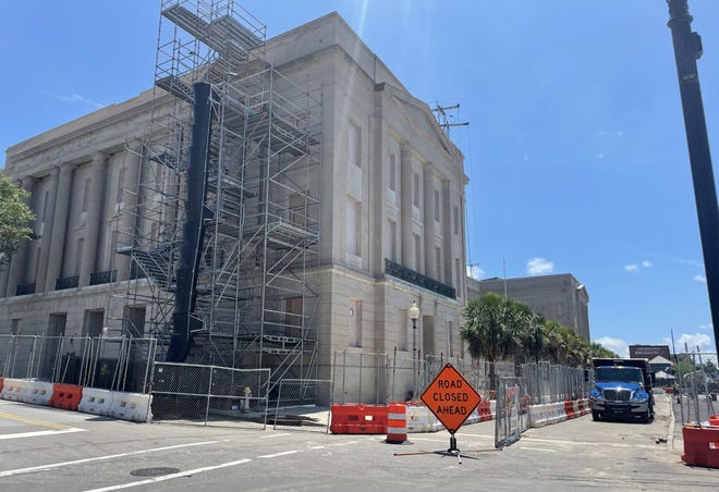 Construction on the Alton Lennon Federal Building and U.S. Courthouse as seen on July 25, 2022. The building has been closed for repairs since Hurricane Florence in 2018.