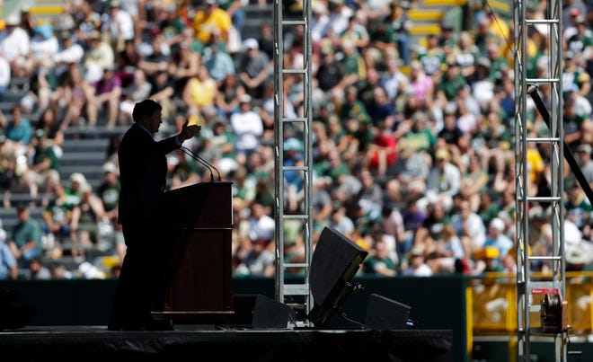 Green Bay Packers president and CEO Mark Murphy speaks during the annual shareholders meeting at Lambeau Field on July 25.