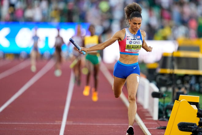 Sydney Mclaughlin, of the United States, wins the women's 4x400-meter relay final at the World Athletics Championships on Sunday, July 24, 2022, in Eugene, Ore. (AP Photo/Ashley Landis)