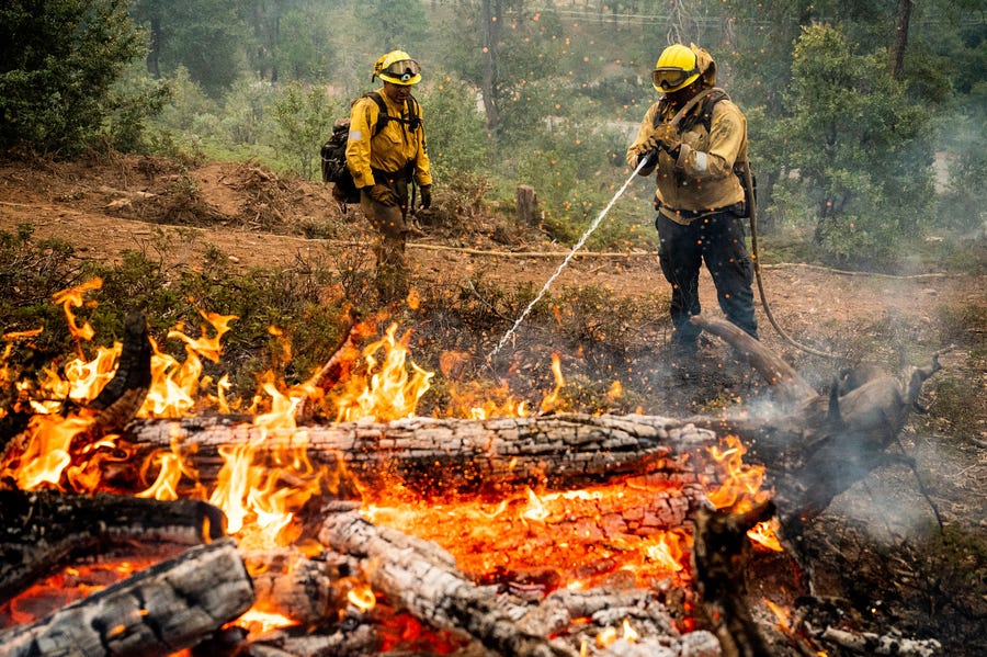 July 25, 2022: Firefighters mop up hot spots while battling the Oak Fire in the Jerseydale community of Mariposa County, Calif. They are part of Task Force Rattlesnake, a program comprised of Cal Fire and California National Guard firefighters.