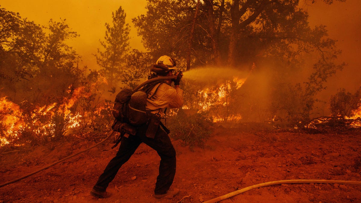 David Stiles douses flames while battling the Oak Fire in unincorporated Mariposa County, Calif., on Sunday, July 24, 2022.