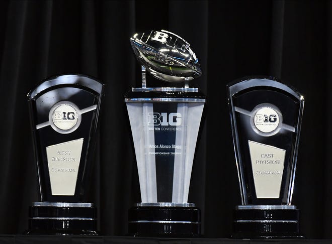 Jul 26, 2022; Indianapolis, IN, USA;  The Big Ten championship and division trophies are displayed during Big 10 football media days at Lucas Oil Stadium.