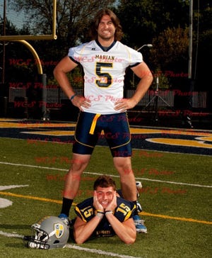 Benedict Polizzi, in comedy form (lower) in a Marian University football photo.
