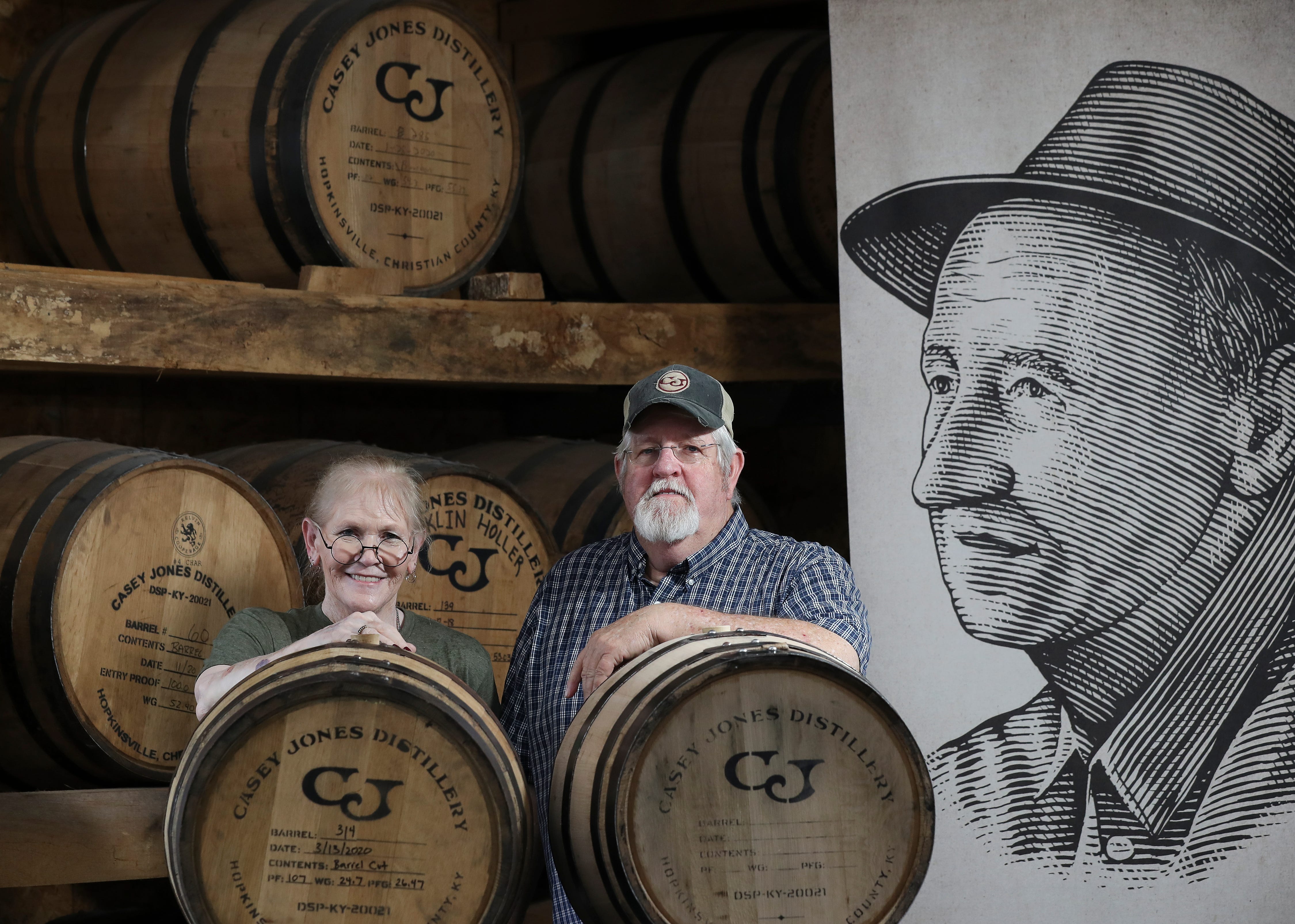 Arlon Casey Jones, right, and his wife Peg Hays at the Casey Jones Distillery in Hopkinsville, Ky. Jones' grandfather, Casey Jones, was a moonshine distiller who also built copper stills for other moonshine distillers during the prohibition era for which he spent some time in jail.